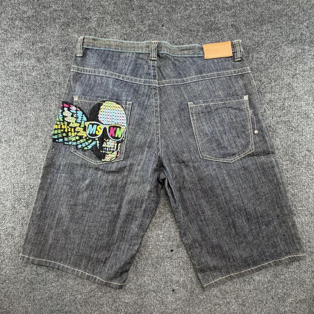 Miskeen Originals Shorts Mens 40 Blue Denim Bermuda Skull Wing Embroidered Back